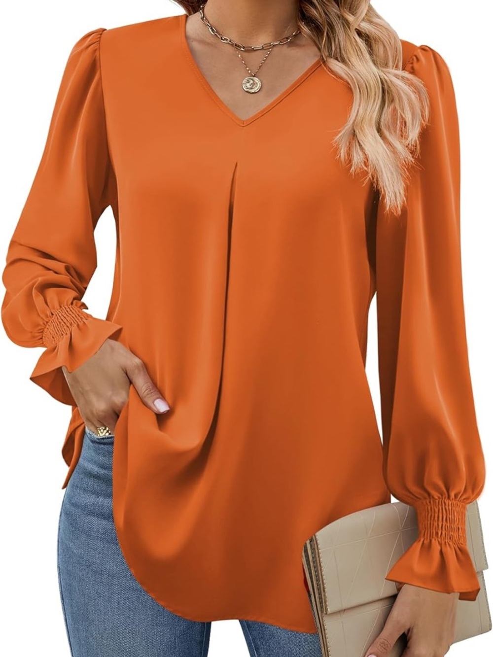 NWT Women’s V-Neck Long Sleeve Blouse - Orange